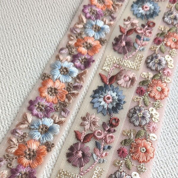 華やか!可愛い!インド刺繍リボン 細幅 花柄 各1.5m×3本 合計4.5m
