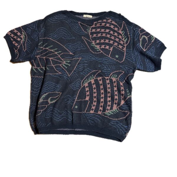 men's melrose半袖ニット 魚柄 ネイビー