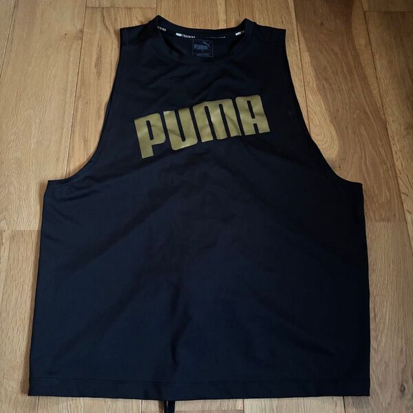 PUMA プーマ タンクトップ レディース フィットネス L ブラック ノースリーブ ヨガ シースルー バックギャザー ゴールド