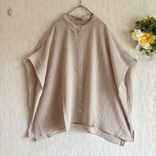 新品 接触冷感 肩タックチュニック ベージュ チェック柄サマンサモスモス