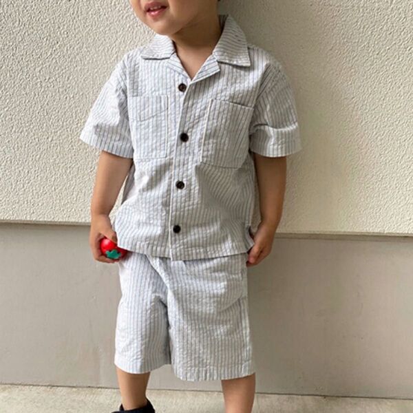 新品 プティマイン petit main ストライプ開衿シャツ 半袖シャツ 90cm ベビー 子供服 サッカー素材 ライトブルー