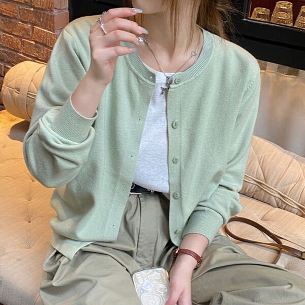 フリーサイズ 春 カーディガン ニット 長袖 羽織 Uネック 冷房対策 ライトグリーン ミント