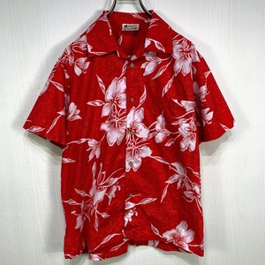 古着 アロハシャツ Mサイズ レッド 赤 総柄 半袖 シャツ ハワイアン オープンカラー 開襟 ハイビスカス 花