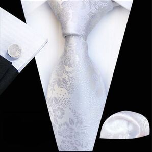 3点セット 結婚式 ネクタイ シルバー 花柄 ネクタイ ポケットチーフ カフス ネクタイ 白 フォーマル 礼服 ポケットチーフ