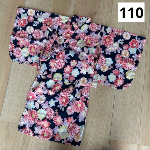 セパレート浴衣 110 紺 花柄 華やか 和柄 夏祭り 花火 ピンク