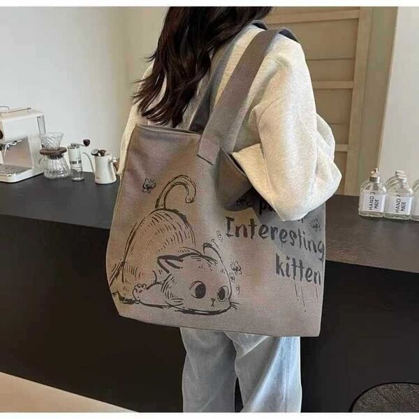 キャンバス カジュアル 大容量 トートバッグ ネコ柄 レディース グレー