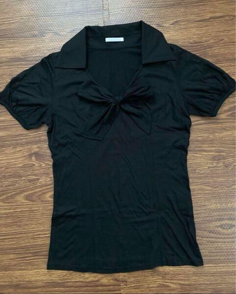 Rue de B 襟付きTシャツ ポロシャツ リボン ブラック カットソー M 半袖