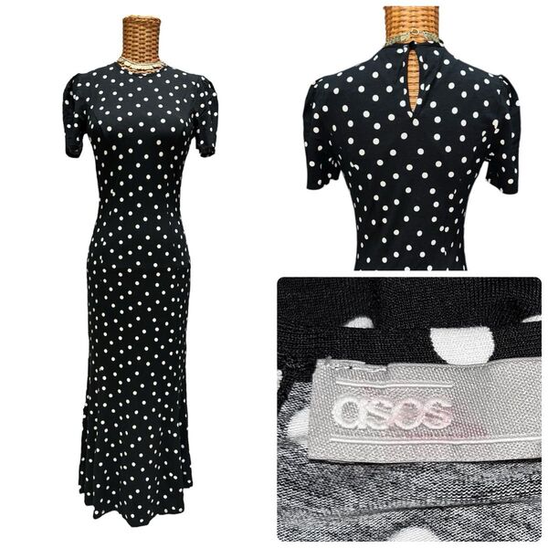 asos black polka dot mermaid long dressワンピース 半袖 ロングワンピース ブラック 黒