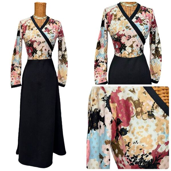vintage floral × black rap maxi dress ワンピース ロング ブラック 花柄 ゴールド ドット柄