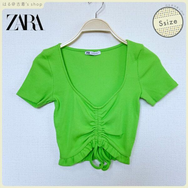ZARA リブ トップス シャーリング グリーン Sサイズ tシャツ トップス