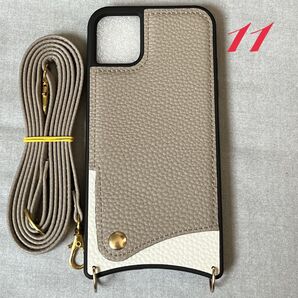 iPhone11ケース ショルダー レザー風 グレー×ホワイト カード収納 アイフォンケース スマホカバー お洒落 ベルト付