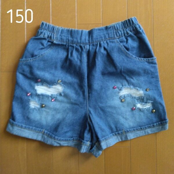 150 デニム生地 ダメージ風ショートパンツ ボトムス 半ズボン ハーフパンツ 女の子 キッズ