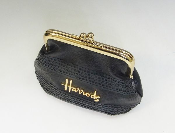 $ 極美品 $ 激レア ◆ ハロッズ ◆ Harrods ◆ スパンコール付き レザー製・ がま口 コインケース 小銭入れ ◆ 黒 ブラック系◆ 送料無料!