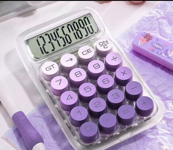 電卓 かわいい 韓国 パープル電卓 クリア 10桁 ボタン大きめ 文房具 計算機