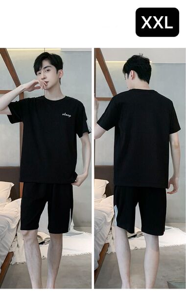 メンズ パジャマ 半袖 ハーフパンツ ルームウェア 部屋着 ブラック 黒 Tシャツ 上下セット ルームウェア ユニセックス XXL