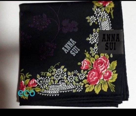 【未使用】アナスイ ANNA SUI ハンカチ レディースハンカチ 大判ハンカチ ばら柄 ハンカチチーフ ブラック系 花柄