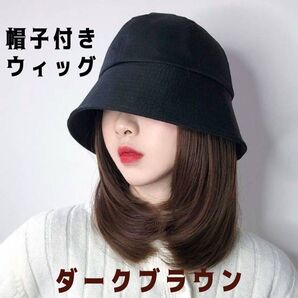 帽子付きウィッグ バケットハット ダークブラウンブラック 一体型 時短 お洒落