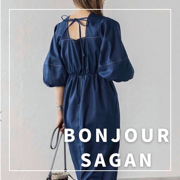 "新品・タグ付"バックリボン配色ステッチワンピース/BONJOUR SAGAN