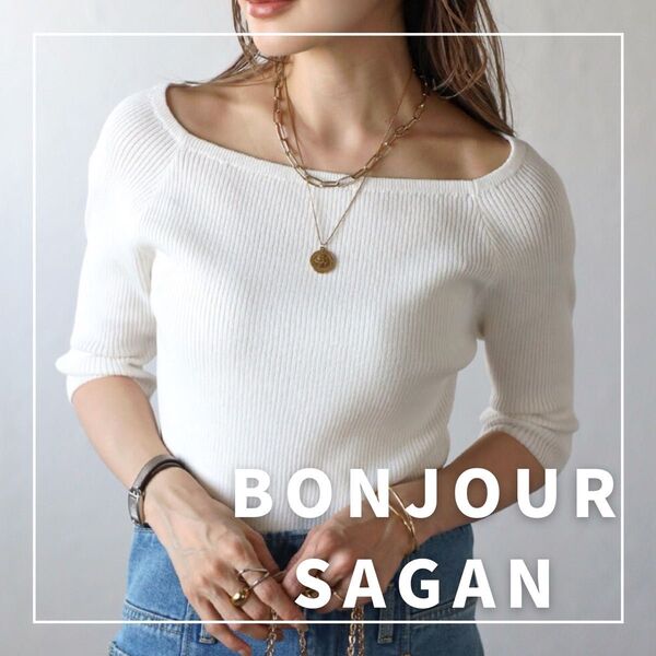 "新品・タグ付"スクエアネック五分袖リブニット/BONJOUR SAGAN