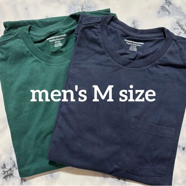 メンズ 2枚組 Tシャツ ポケット付き クルーネック M ネイビー グリーン 半袖 トップス 2枚セット