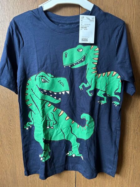 H&M Tシャツ 恐竜 ティラノサウルス 135 140 ネイビー 半袖Tシャツ プリントTシャツ