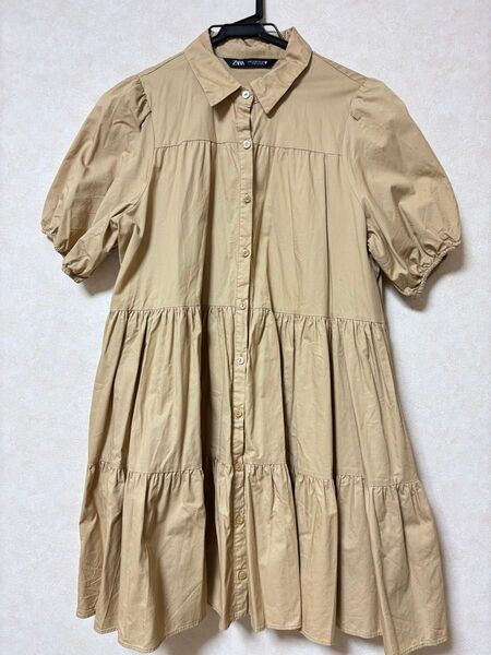 ZARA パフスリーブ シャツワンピース M ベージュ ザラ チュニック