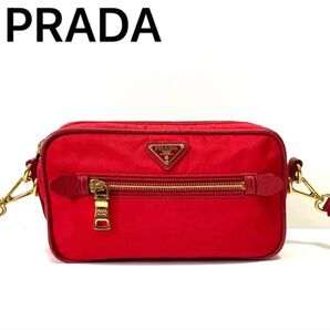 【良品】PRADA プラダ ミニ ショルダーバッグ カメラバッグ ナイロン×サフィアーノレザー 三角ロゴ ゴールド金具 赤 レッド