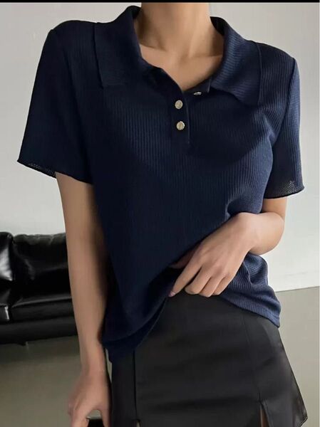 DAZY ポロシャツ リブ編み カットソー半袖 Tシャツ M ネイビー 半袖ブラウス 半袖カットソー
