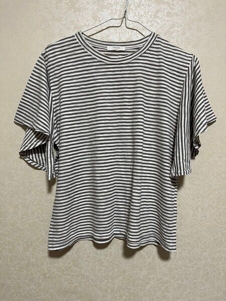 ボーダー柄Tシャツ グレー×ホワイト 半袖 ブラウス