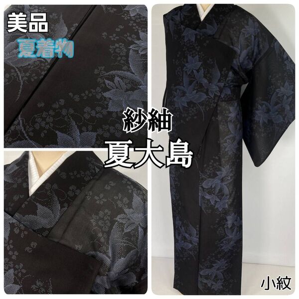 【夏大島】鉄線 紗紬 小紋 夏着物 正絹 黒 ブルー 青 1339