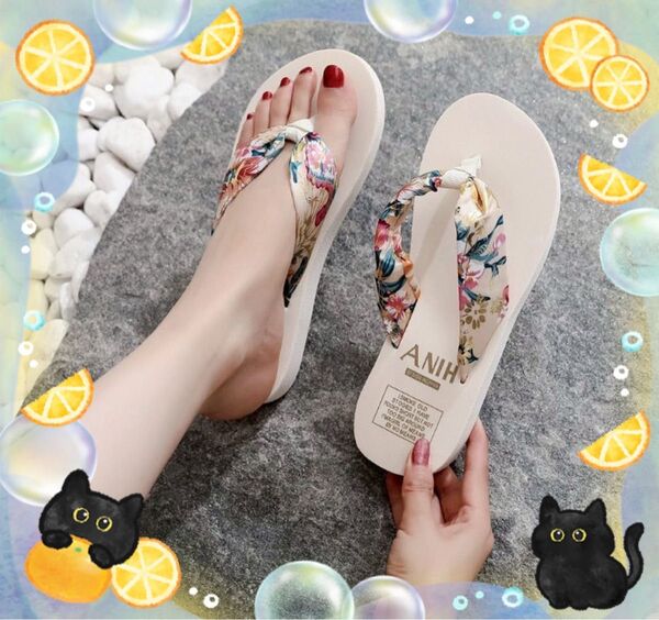 レディースビーチサンダル 花柄 ホワイト お祭り 浴衣 海 プール エスニック