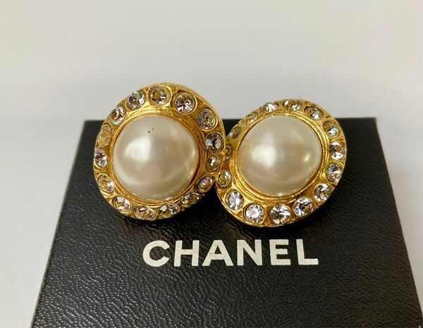 CHANEL シャネル ヴィンテージ パール ラインストーン スワロフスキー オーバル イヤリング イエローゴールド