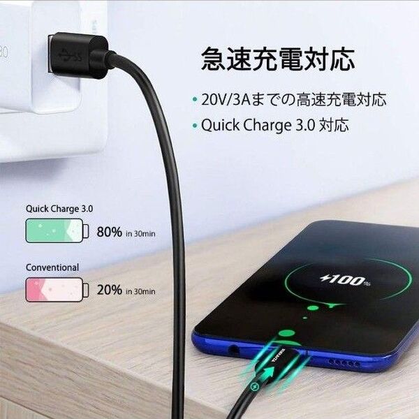 急速充電!USB TypeC 1m 3本 充電ケーブル 高速データ転送