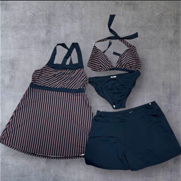ストライプ水着セット(ワンピース・ビキニ・ショートパンツ) 体型カバー スイムウェア 水着