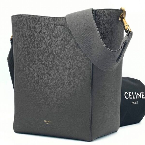 【超極美品】CELINE セリーヌ サングル バケット スモール レザー ショルダーバッグ グレー 現行ロゴ