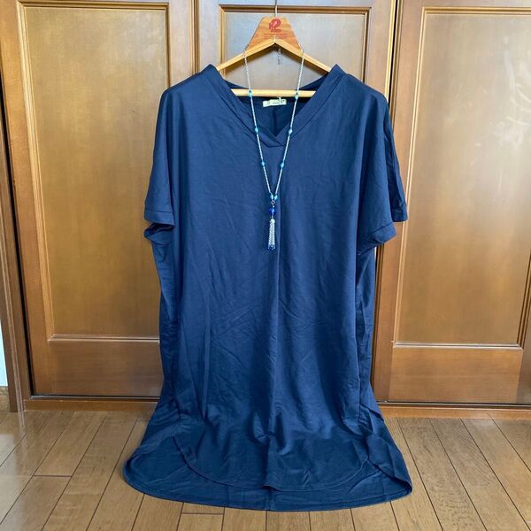 新品 L'oiseau bleu ネイビー 半袖 ロングチュニック LL