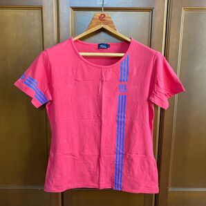 H-L コーラルピンク ストライプデザイン、コットンTシャツ LL