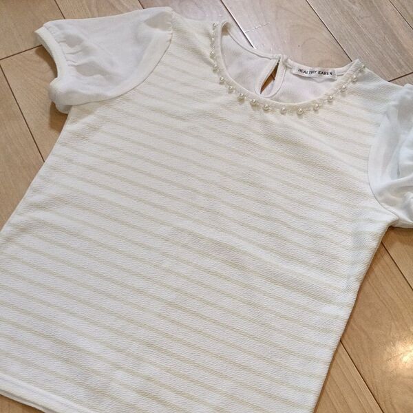 しまむら HEALTHY KAREN ボーダー柄トップス パールビーズ 半袖 黄色 ソフト生地 Мサイズ チュール Tシャツ