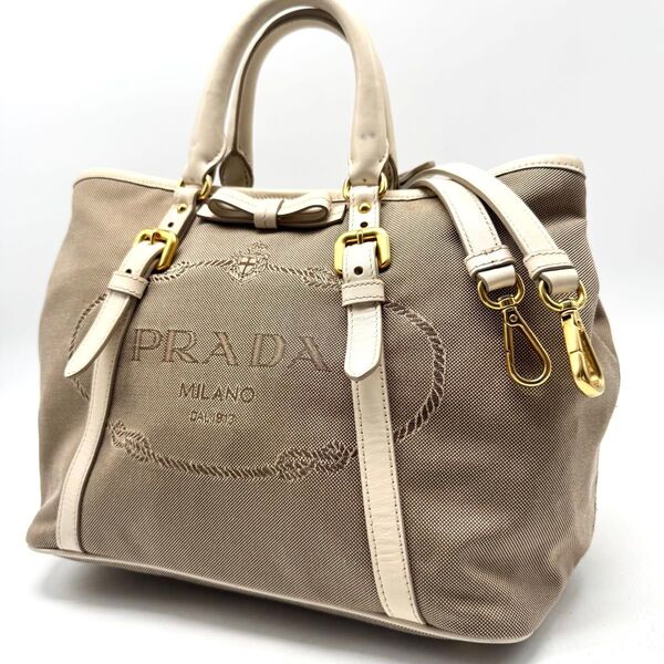 【美品】PRADA プラダ ロゴジャガード×リボン ハンドバッグ 2way ショルダーバッグ キャンバス
