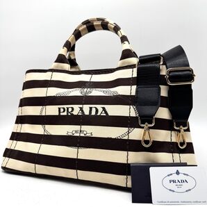 【希少柄・Gカード付き】PRADA プラダ カナパ M 2way ハンドバッグ ショルダーバッグ ボーダー 三角プレート