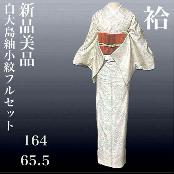 白大島紬小紋フルセット4点 新品美品着物+紬袋帯+帯締め+帯揚げ