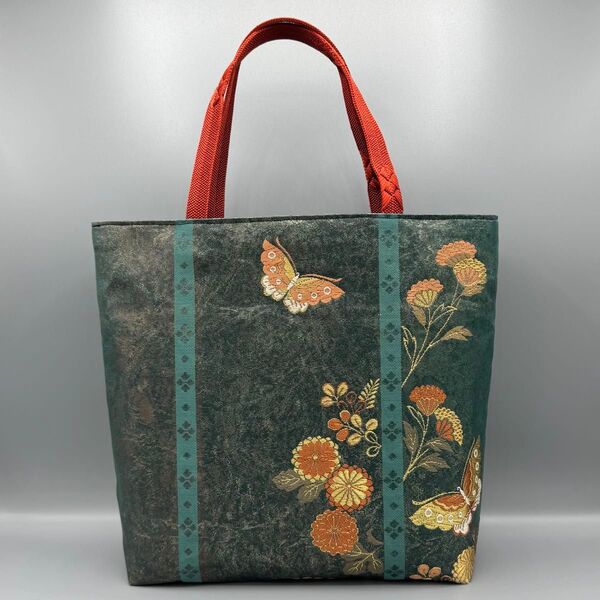 着物 帯 帯締め ハンドメイド トートバッグ リメイク 青 金