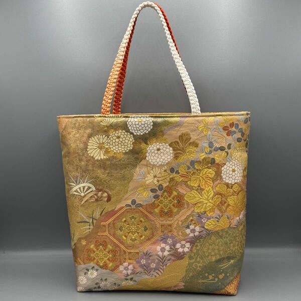 着物 帯 帯締め ハンドメイド トートバッグ リメイク 金 菊