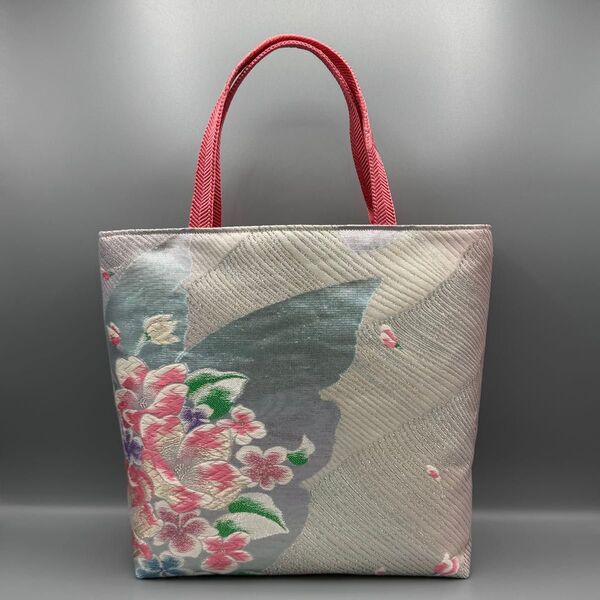 【この帯ラスト】着物 帯 帯締め ハンドメイド トートバッグ リメイク シルバー ピンク 紫陽花