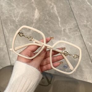 【フォロー割】ダテメガネ 度なし クリアレンズ ミルクホワイト 金 スクエア