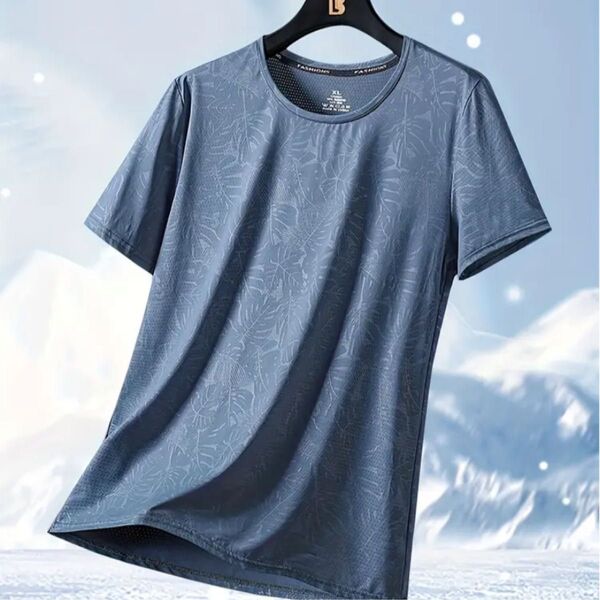 メンズ 半袖Tシャツ リーフ柄 ブルー系 XL