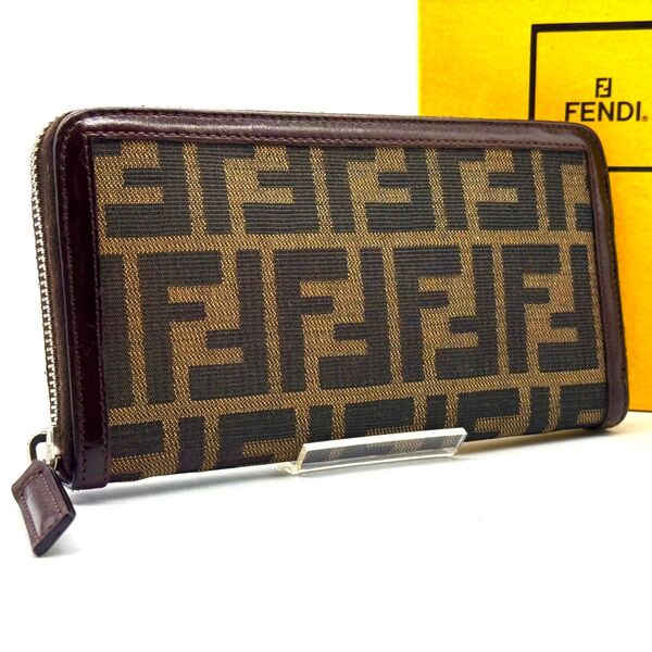 【美品】フェンディ ズッカ柄 ラウンドファスナー 長財布 FENDI ジッピーウォレット キャンバス 小銭入れ 札入れ