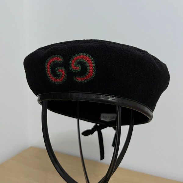 【美品】GUCCI レザートリム フェルトベレー帽 黒 S