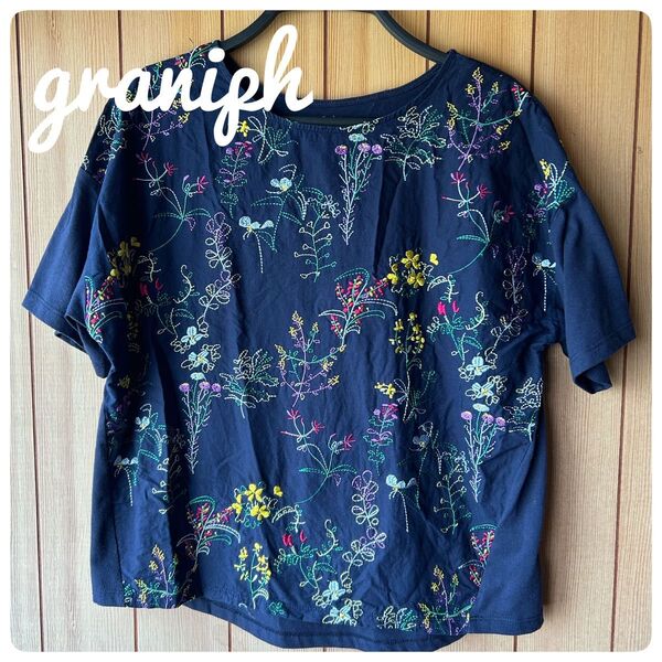 グラニフ 花柄刺繍 ネイビー Tシャツ フリーサイズ