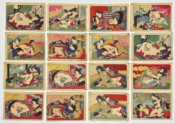 「明治期 彩色木版画 春画」16枚|艶本 わじるし 枕絵 浮世絵 和本 錦絵 枕絵